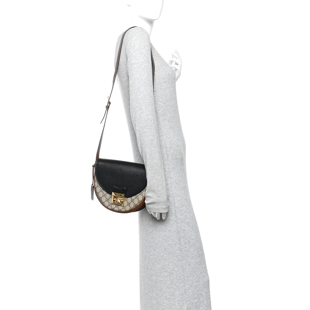 Gucci GG Supreme Monogram Calfskin Small Padlock Messenger Shoulder Bag Beige Black Cuir