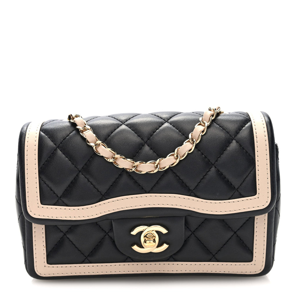 Chanel Shiny Lambskin Quilted Half Mini Flap Black Beige
