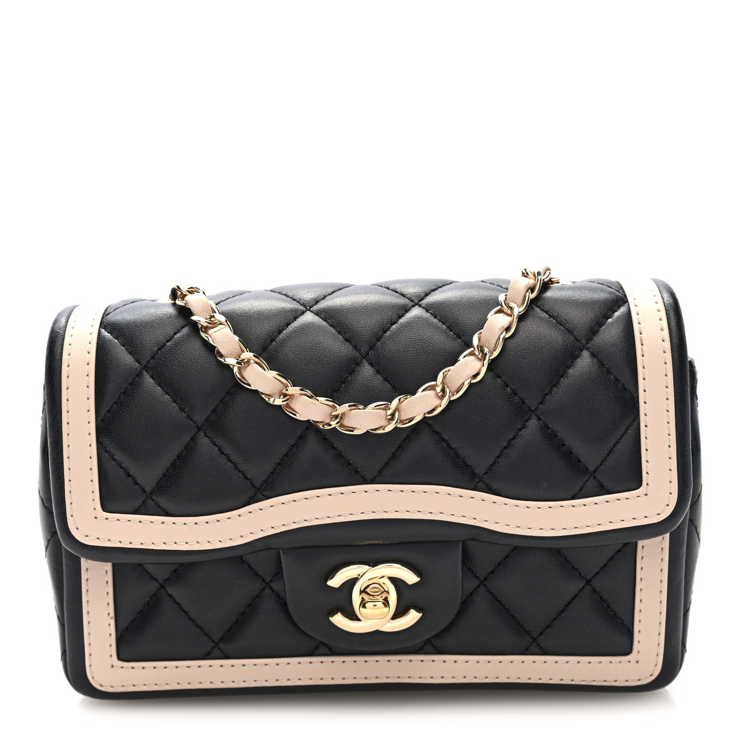Chanel Shiny Lambskin Quilted Half Mini Flap Black Beige