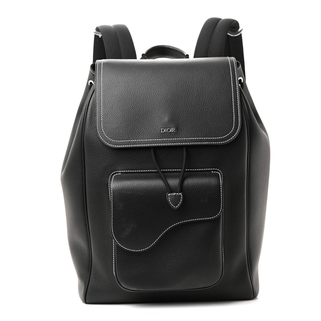 Christian Dior Grained Calfskin Saddle Drawstring Backpack Black