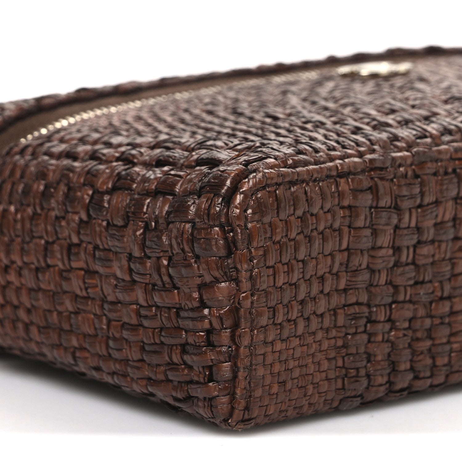 Chanel Braided Raffia Quilted Top Handle Slim Vanity With Chain Brown
