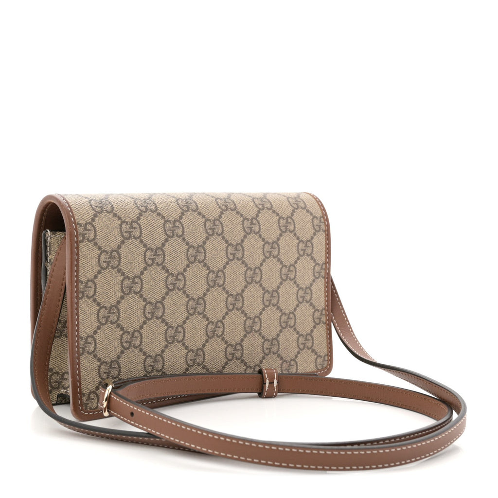 Gucci GG Supreme Monogram Textured Calfskin Emblem Super Mini Shoulder Bag Beige Dark Brown