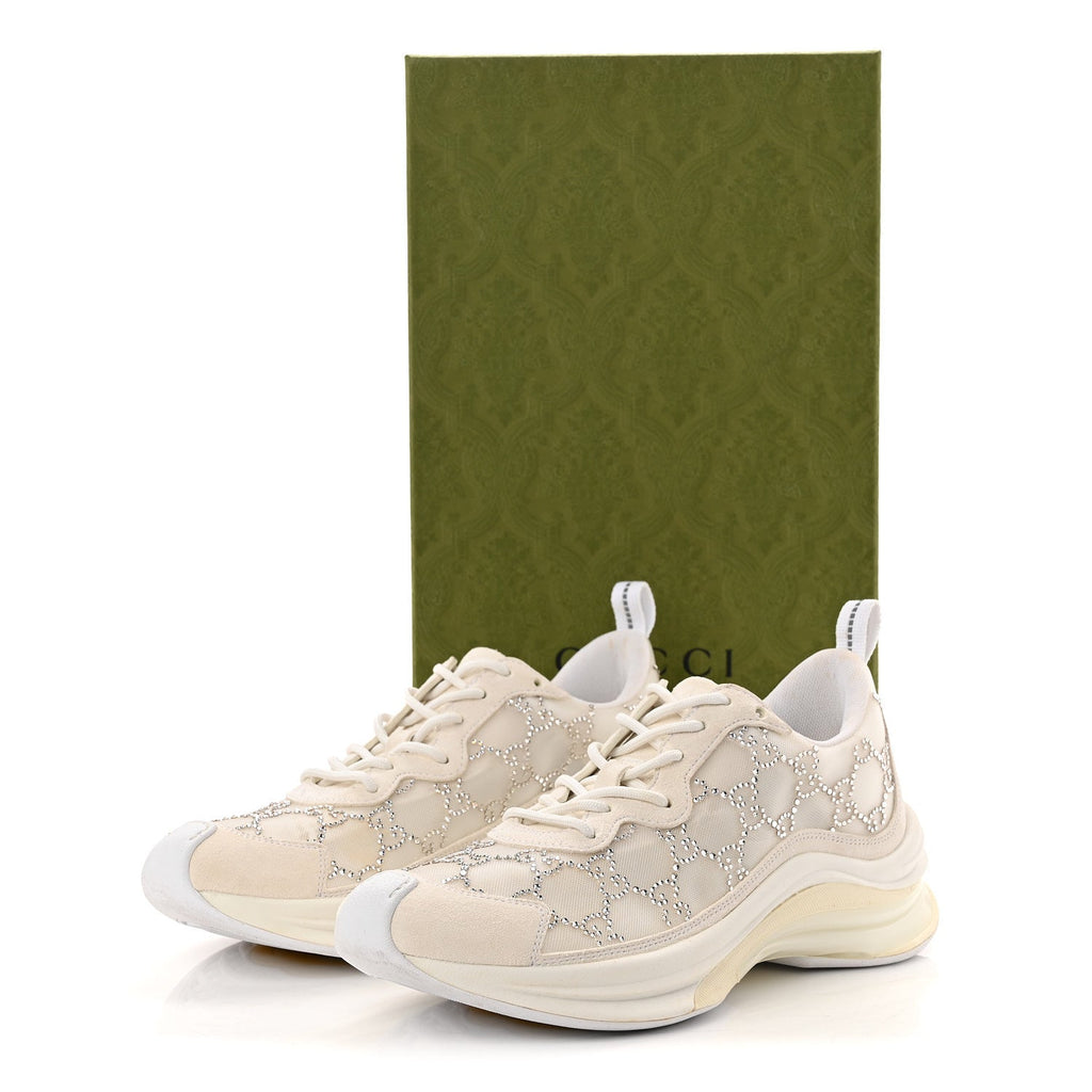 Gucci Tela Retino Mesh Crystal Suede GG Monogram Womens Gucci Run Sneakers 37.5 Off White Silver
