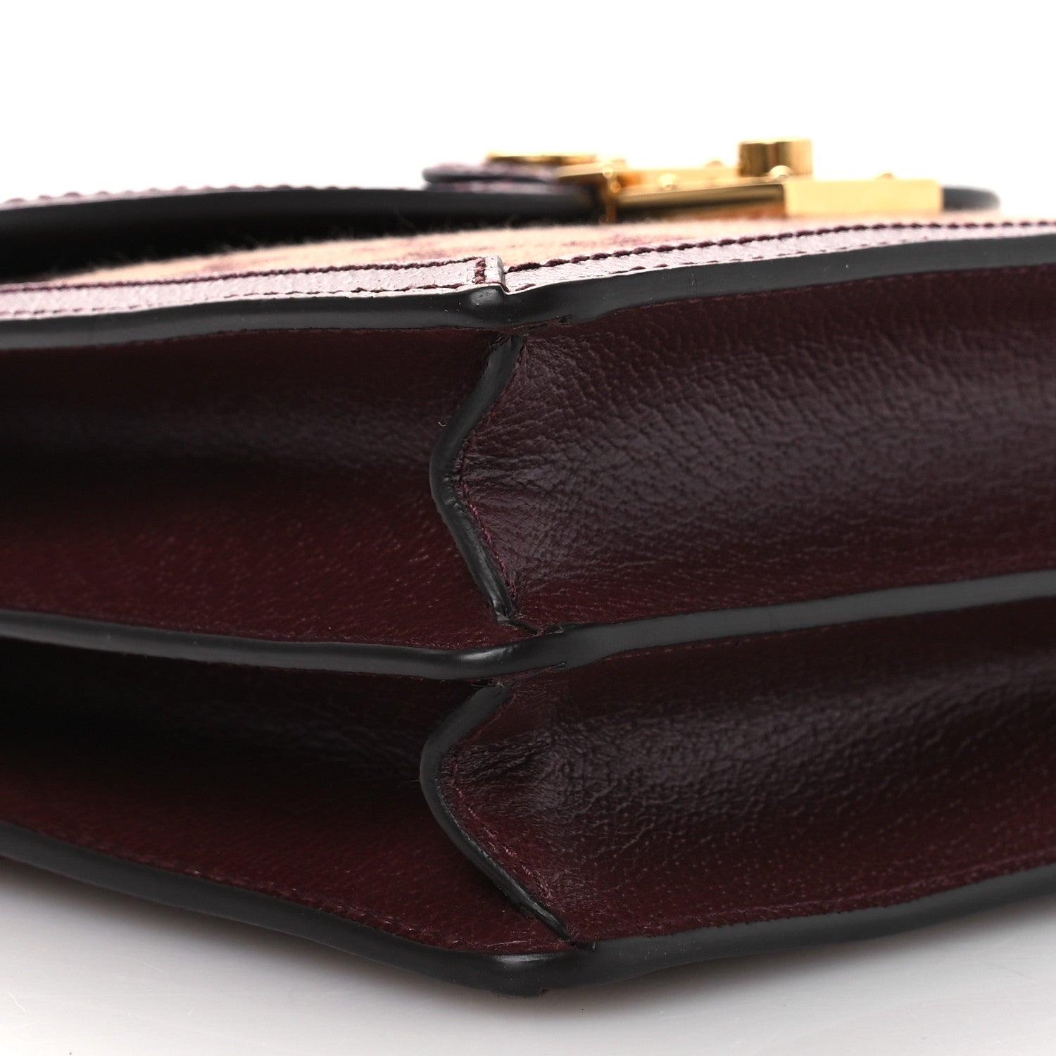 Gucci GG Supreme Monogram Textured Dollar Calfskin Web Small Ophidia Padlock Top Handle Bag Bordeaux