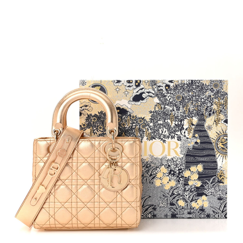 Christian Dior Metallic Lambskin Cannage Small My ABCDior Lady Dior Rose Gold