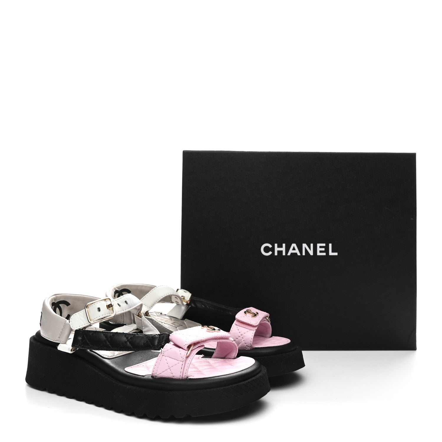 Lambskin Quilted CC Logo Platform Sandals 38 Black White Pink