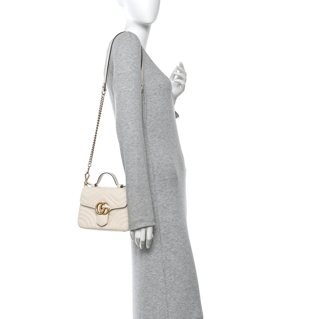 Gucci Calfskin Matelasse Mini GG Marmont Top Handle Shoulder Bag White