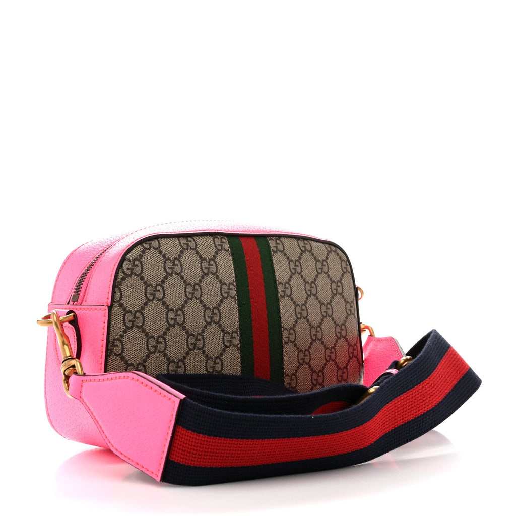 Gucci GG Supreme Monogram Textured Dollar Calfskin Web Ophidia Small Crossbody Bag Beige Ebony Fuchsia