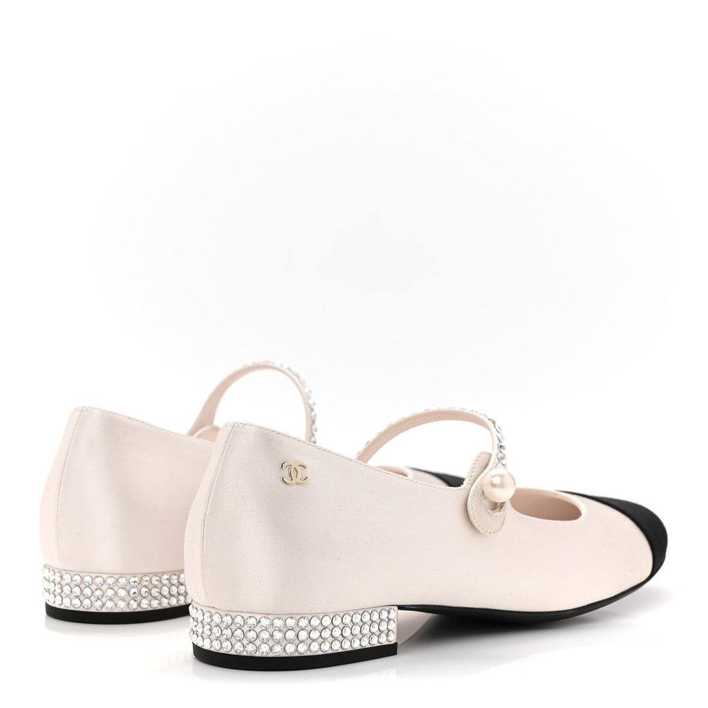 Chanel Strass Satin Grosgrain Mary Jane Flats 38 Ivory Black