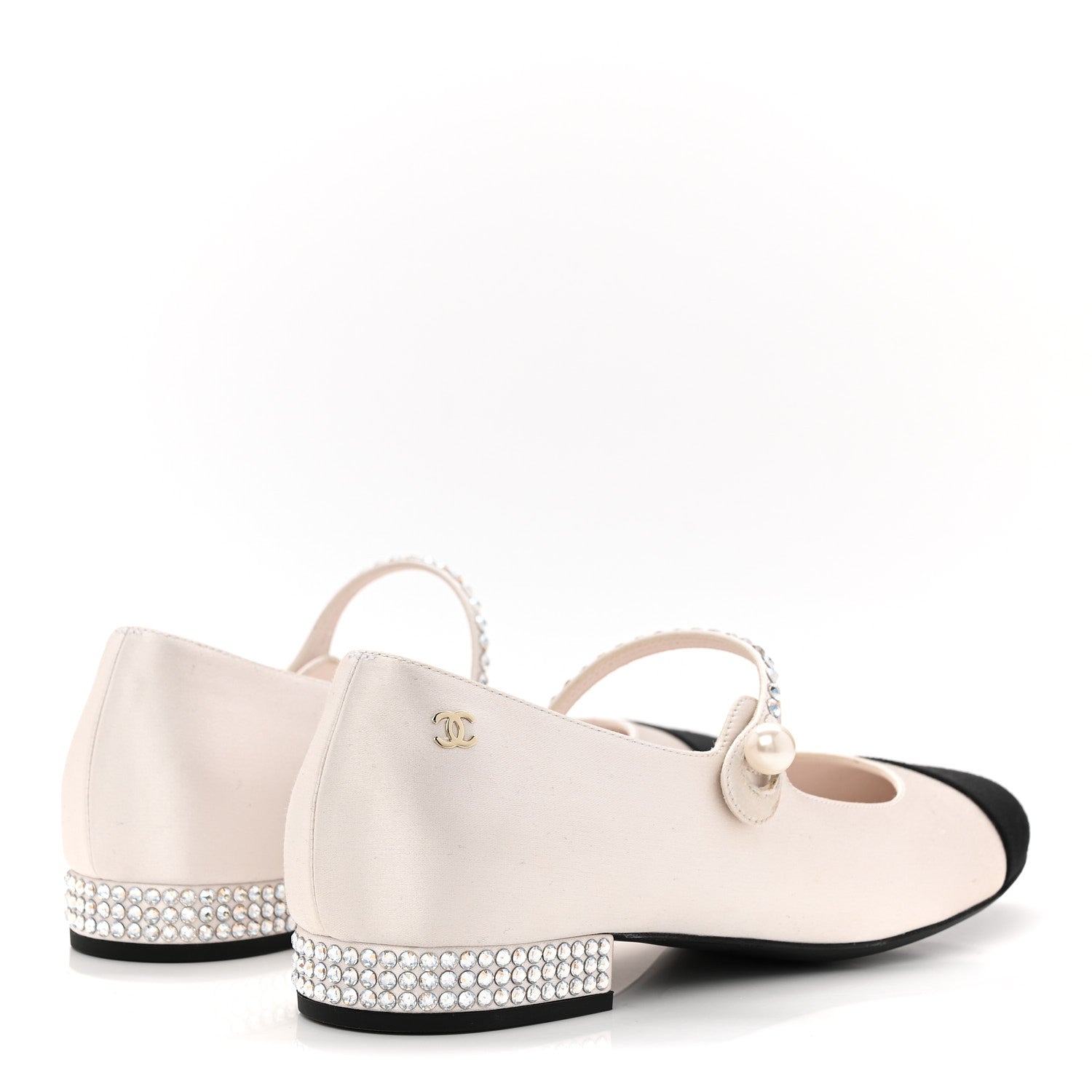 Chanel Strass Satin Grosgrain Mary Jane Flats 38 Ivory Black