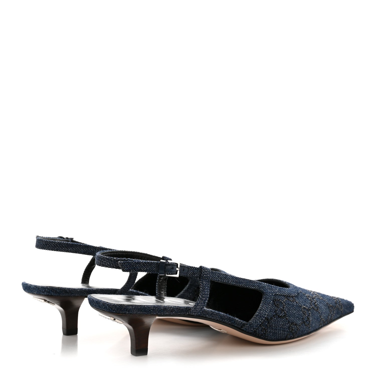 Gucci Denim GG Monogram Malaga Kid Crystal Square G 35mm Slingback Pumps 39.5 Blue