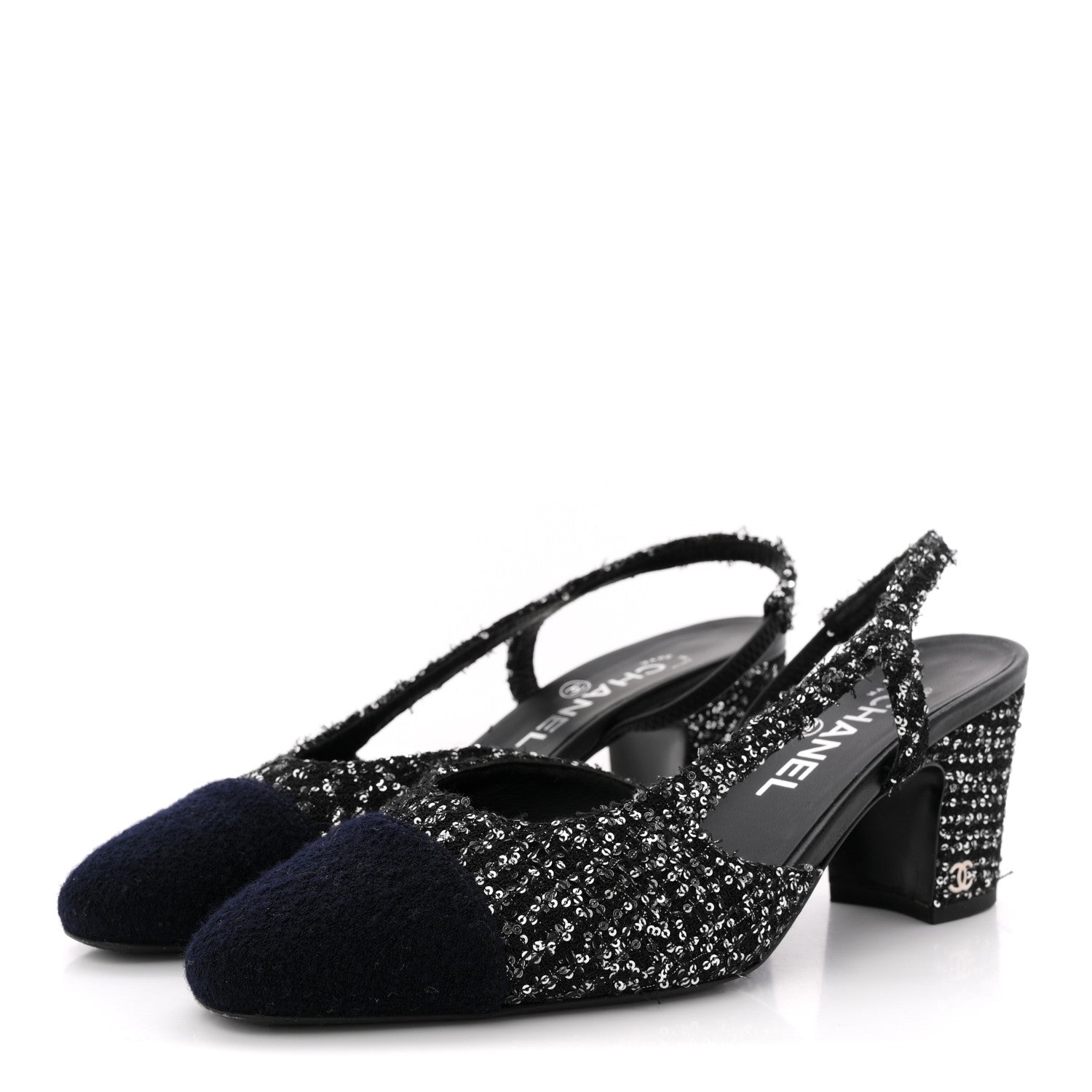 Chanel Tweed Sequin Cap Toe CC Slingback Pumps 38 Black White Silver