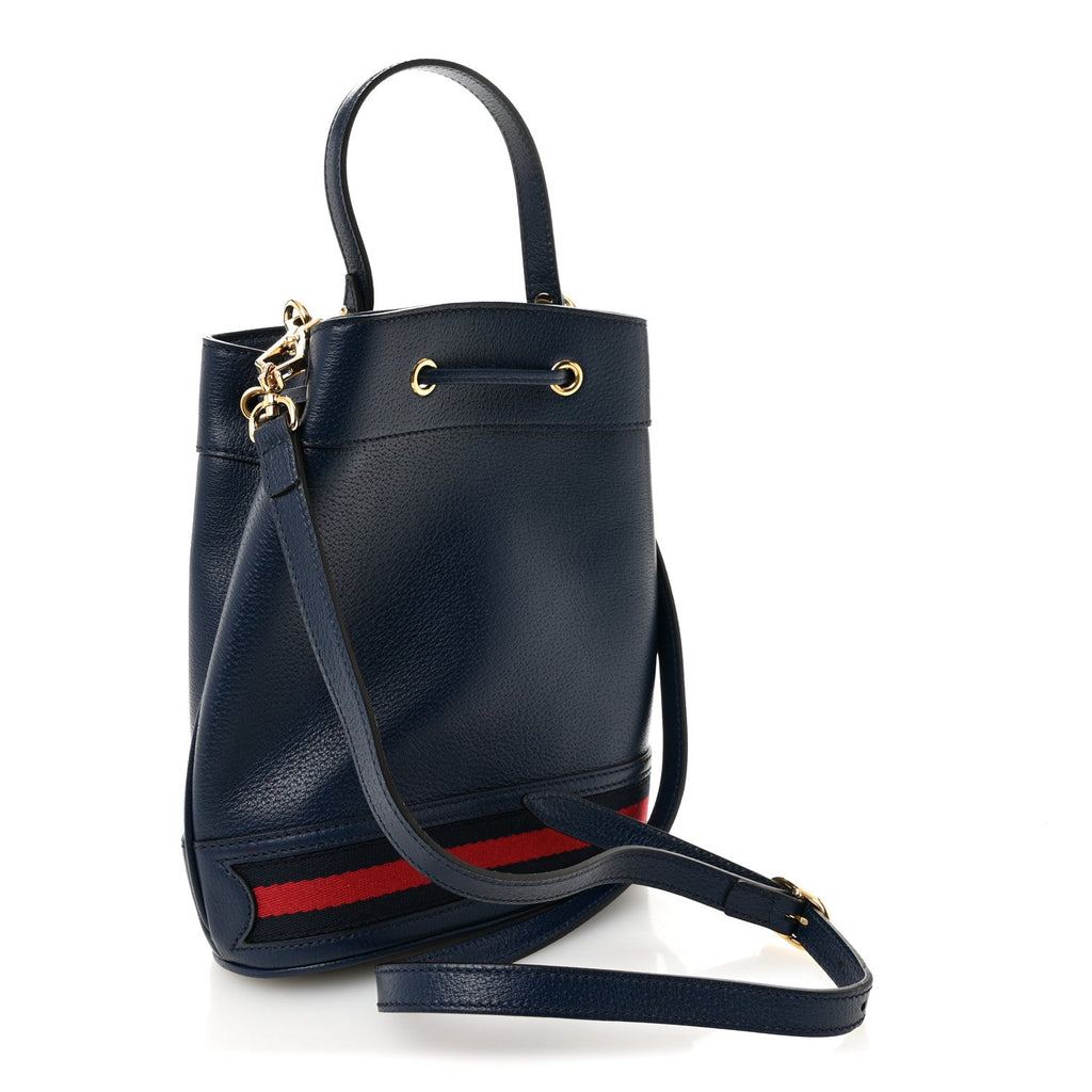 Gucci Glazed Textured Calfskin Web Small Ophidia Bucket Bag Blue Agata