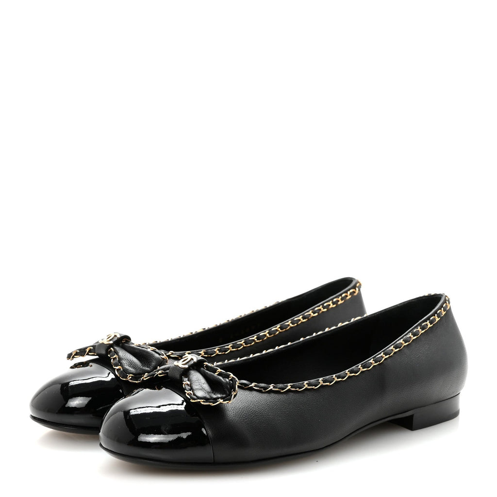 Lambskin Patent Cap Toe Chain Around Ballerina Flats 38.5 Black
