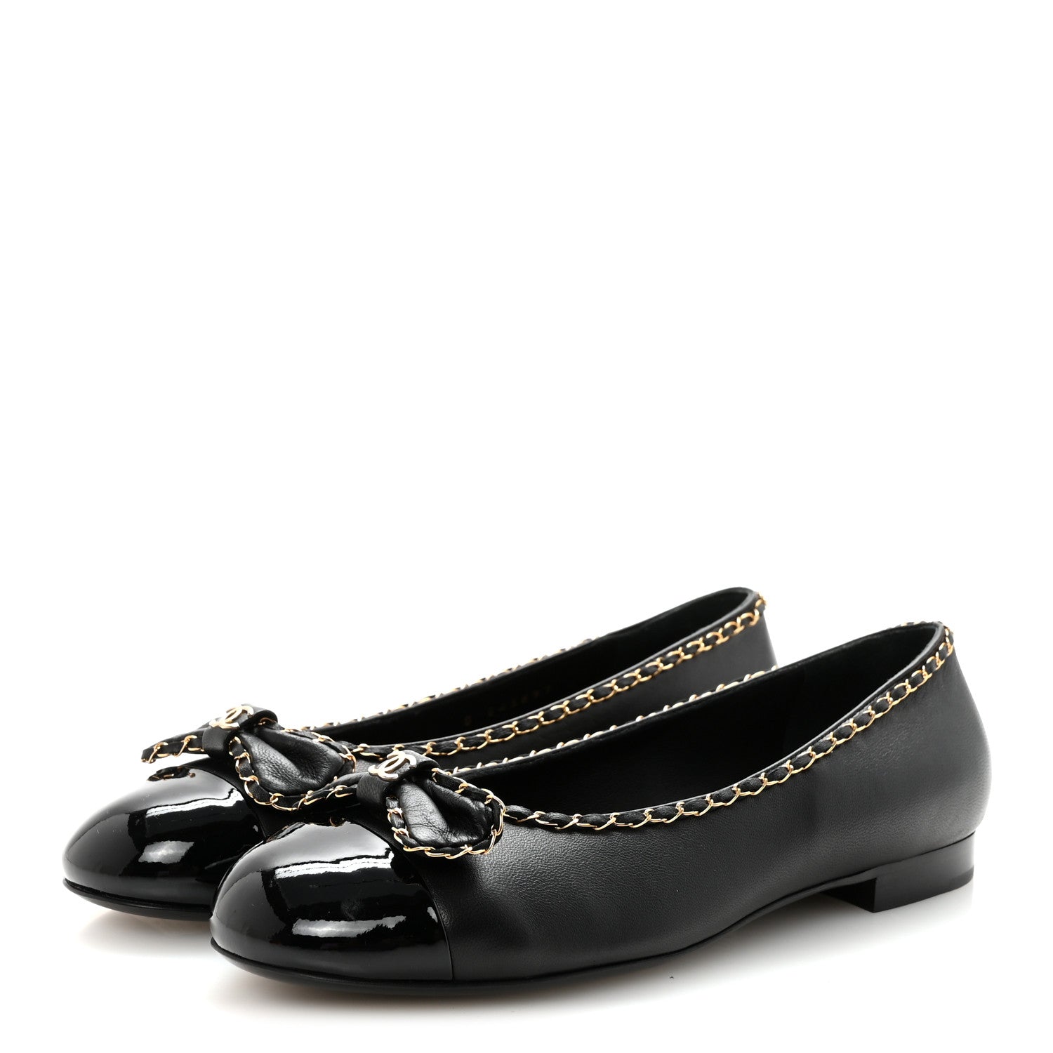 Lambskin Patent Cap Toe Chain Around Ballerina Flats 38.5 Black