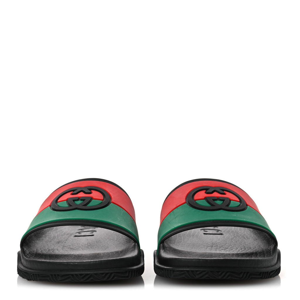 Gucci Rubber Web Womens Interlocking G Slide Sandals 33 Black Green Red
