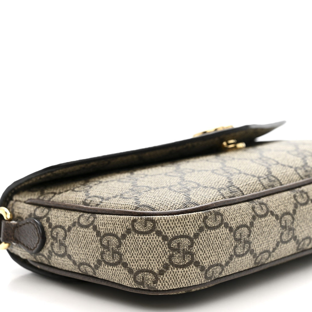 Gucci GG Supreme Monogram Textured Dollar Calfskin Web Mini Ophidia Envelope Shoulder Bag Beige Ebony New Acero