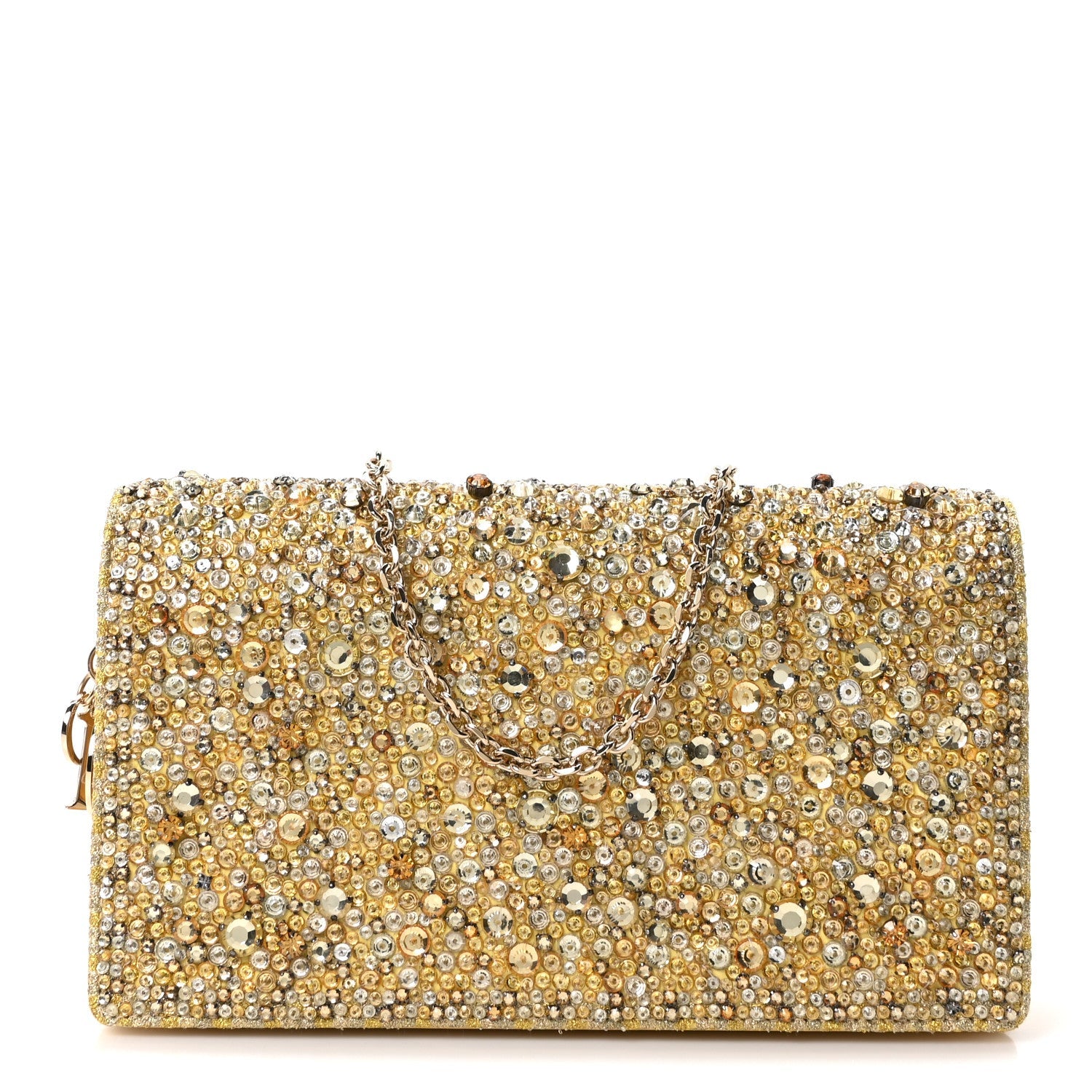 Christian Dior Calfskin Satin Bead Embroidery Lady Dior Clutch Gold Yellow
