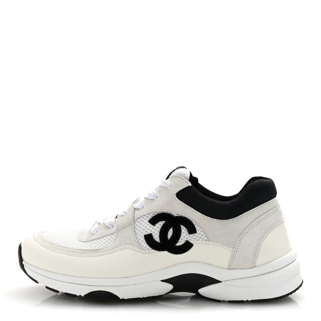 Mesh Suede Grained Calfskin Womens CC Sneakers 41 White Black