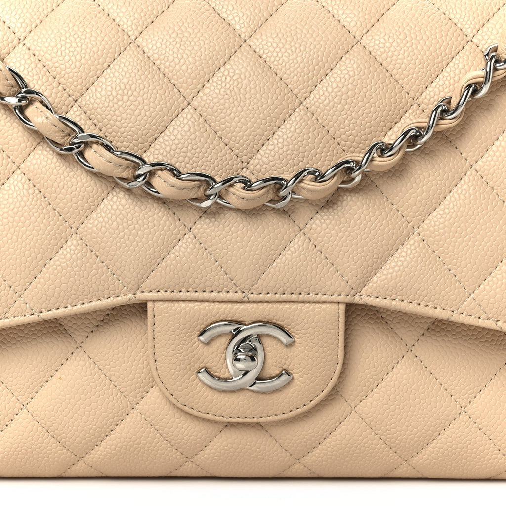 Chanel Caviar Quilted Jumbo Double Flap Beige
