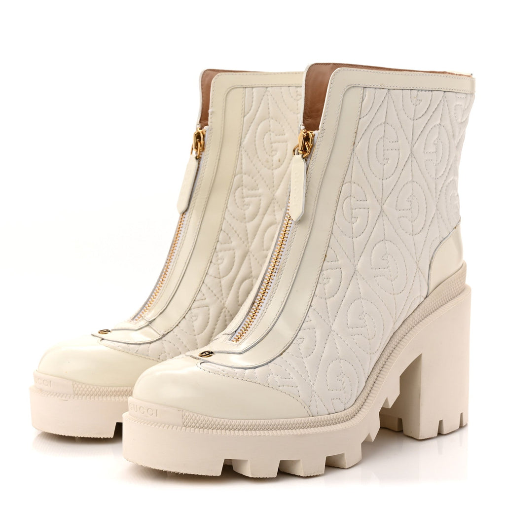Gucci Calfskin Nappa Rhombus Quilted Trip Ankle Boots 39.5 Great White