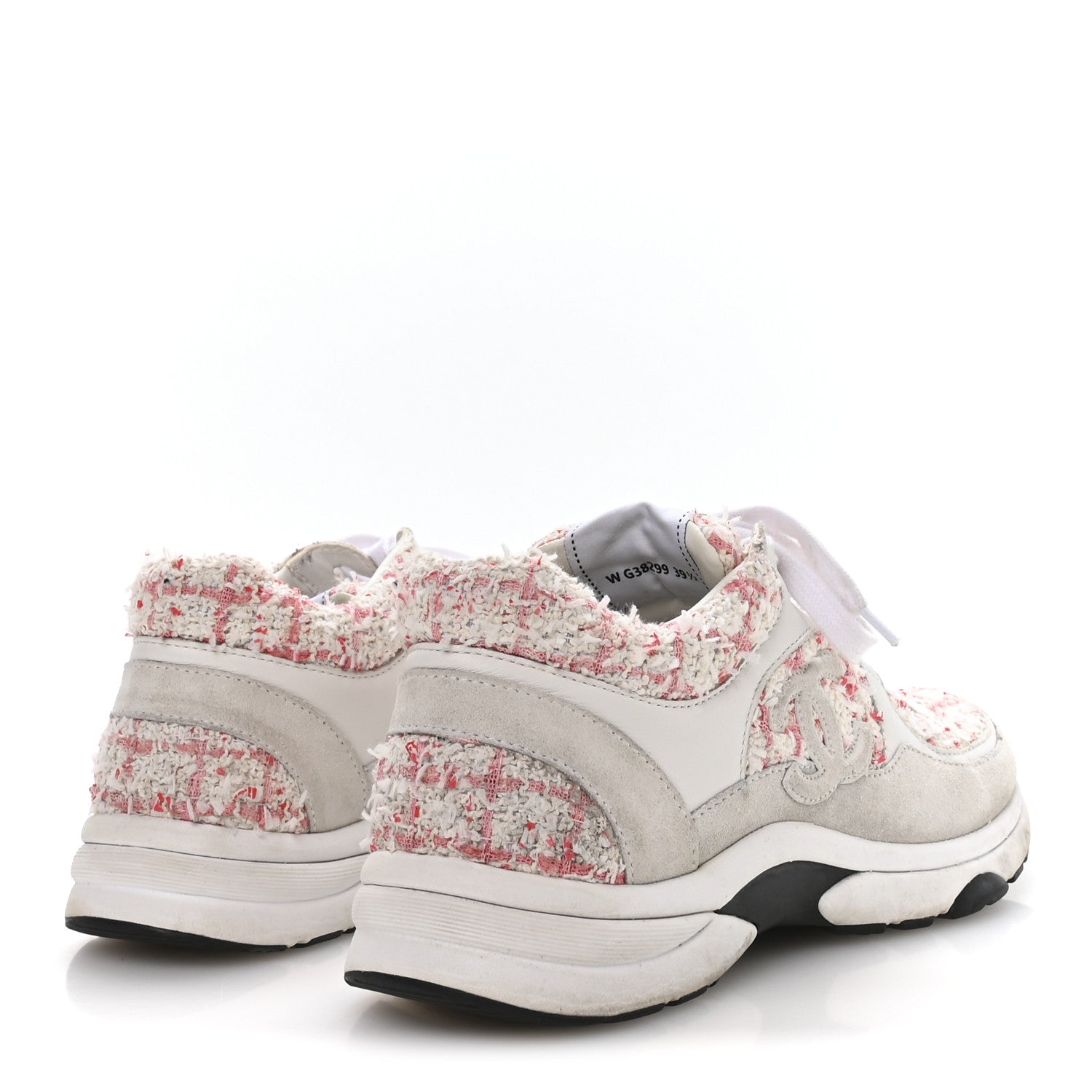 Chanel Tweed Suede Calfskin Womens CC Sneakers 39.5 Ecru Pink Red White