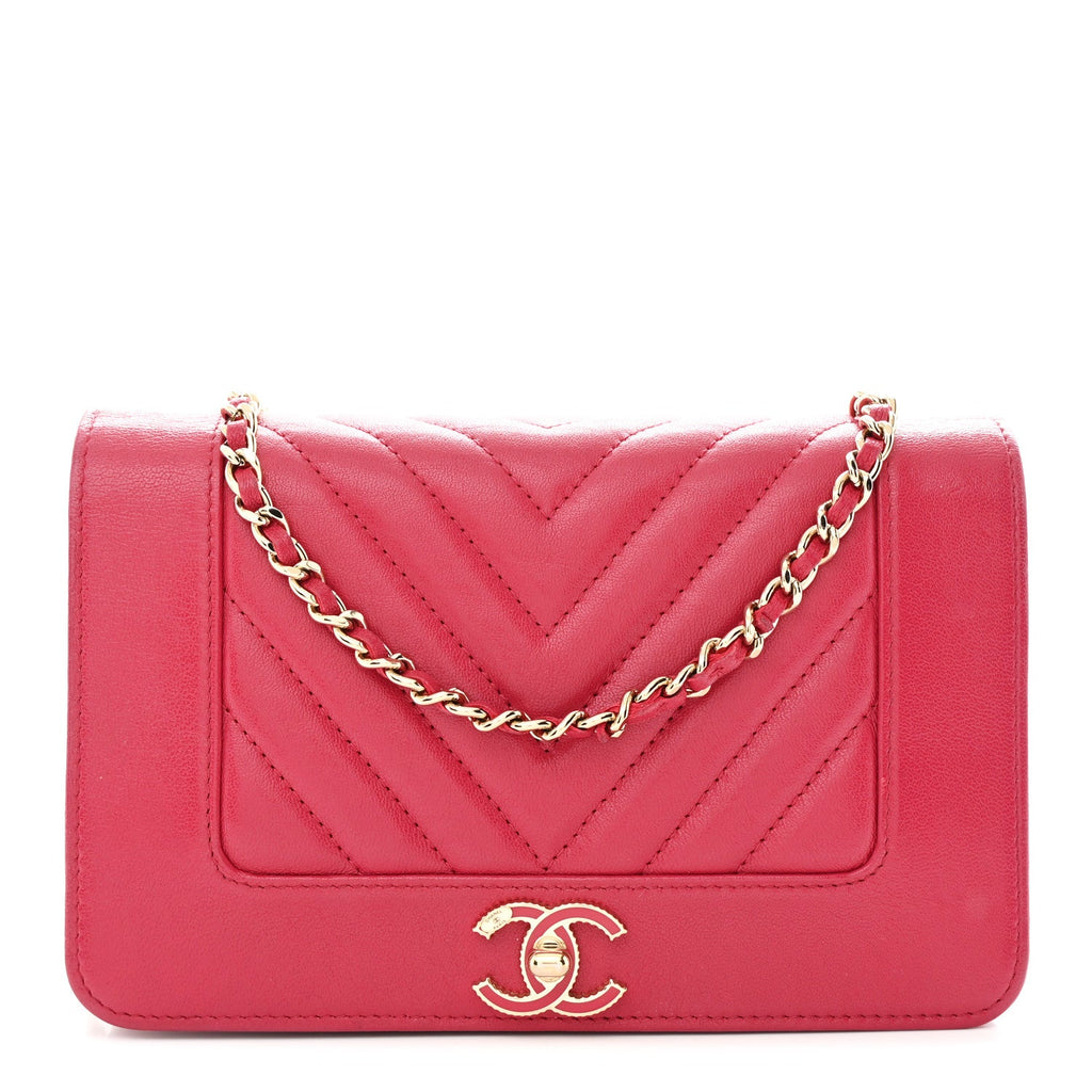 Chanel Sheepskin Chevron Quilted Vintage Mademoiselle Wallet On Chain WOC Dark Pink