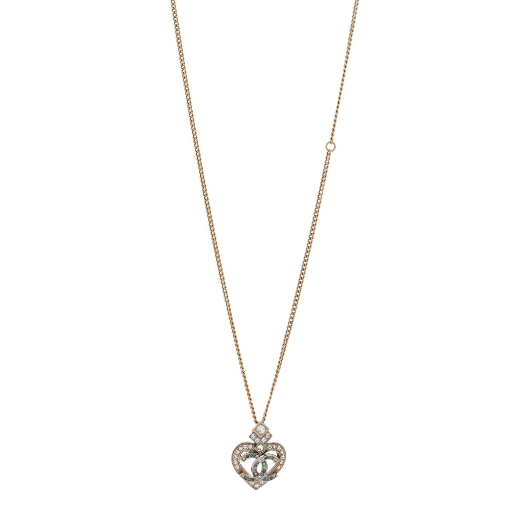 Crystal Heart CC Pendant Necklace Gold Silver Blue