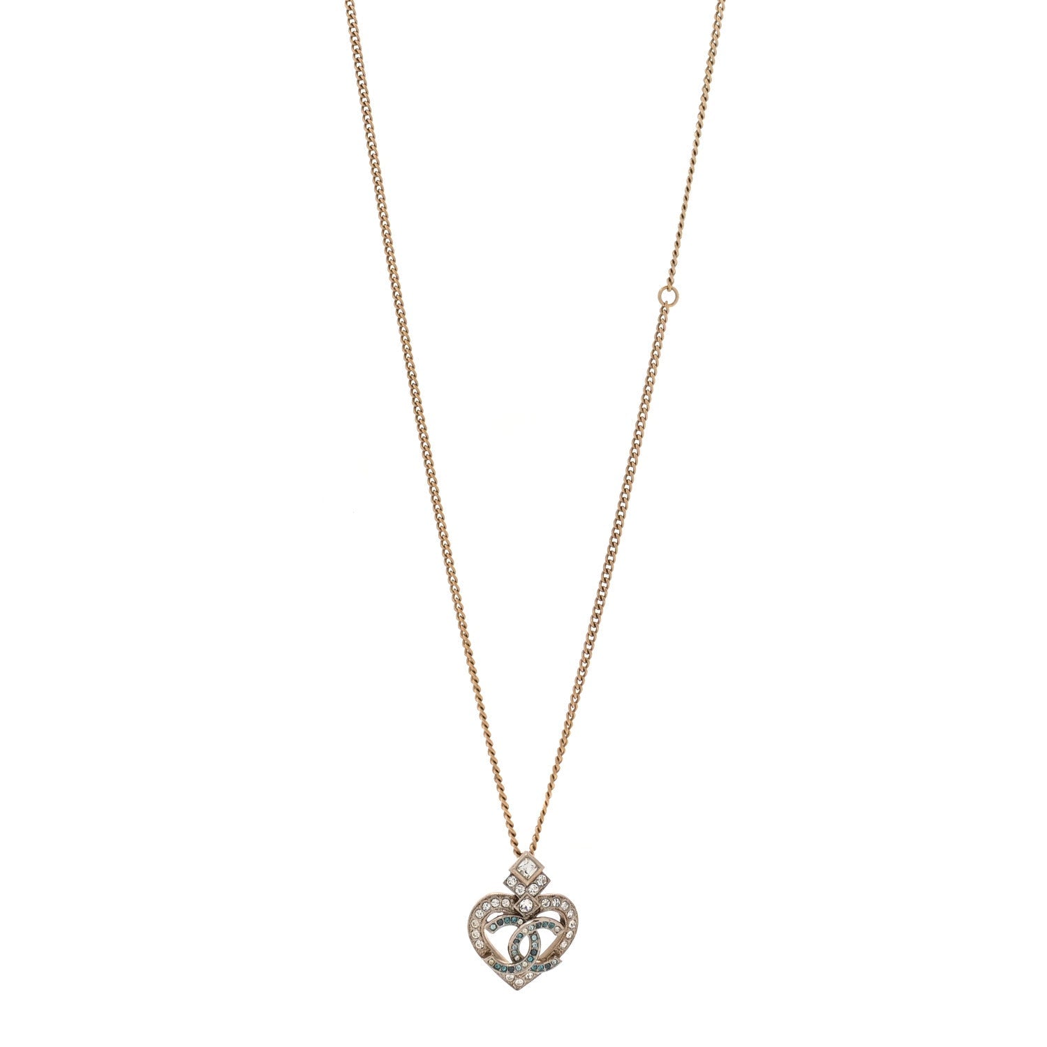 Crystal Heart CC Pendant Necklace Gold Silver Blue