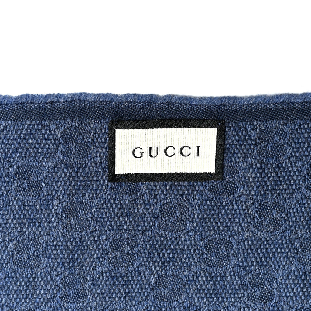 Gucci Wool Silk GG Monogram Web Verbiere Fringe Scarf Navy Blue