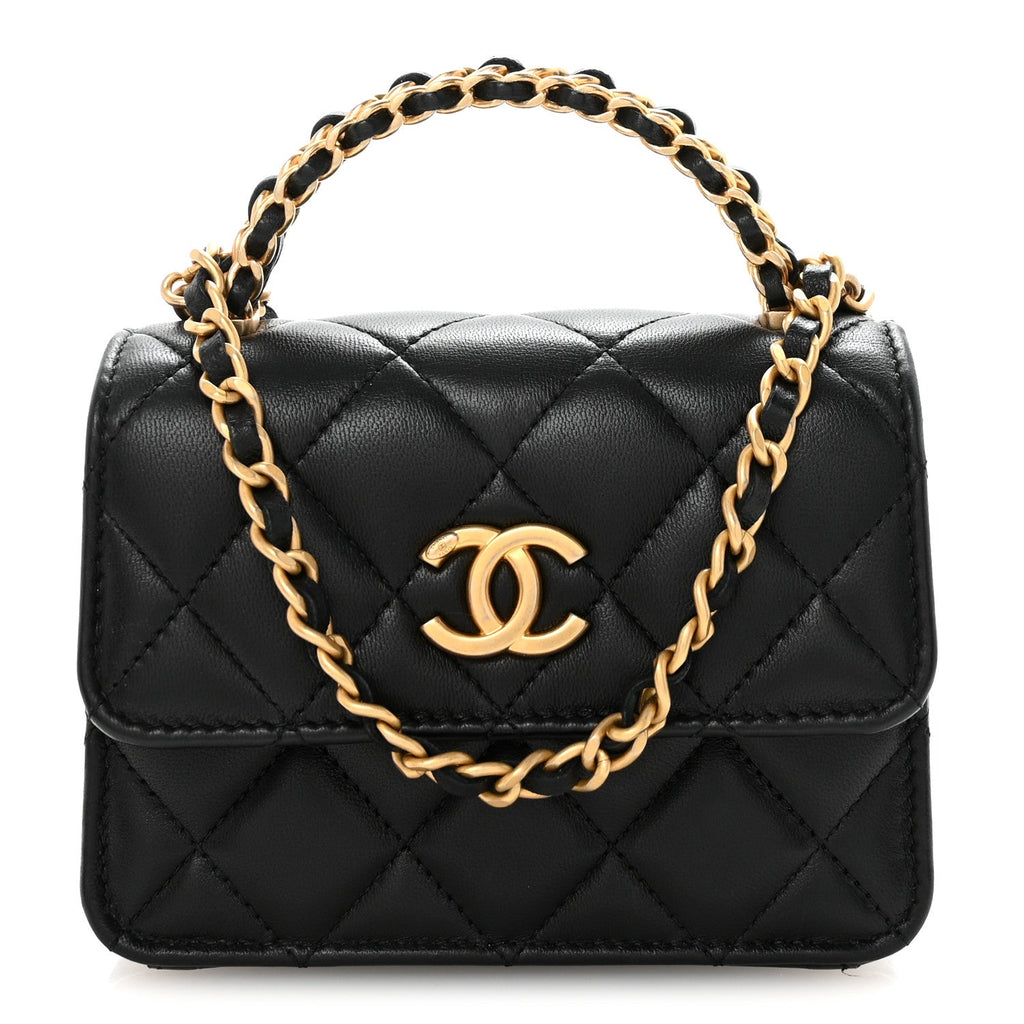 Chanel Lambskin Quilted Chain Top Handle Clutch With Chain Black