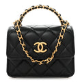Chanel Lambskin Quilted Chain Top Handle Clutch With Chain Black
