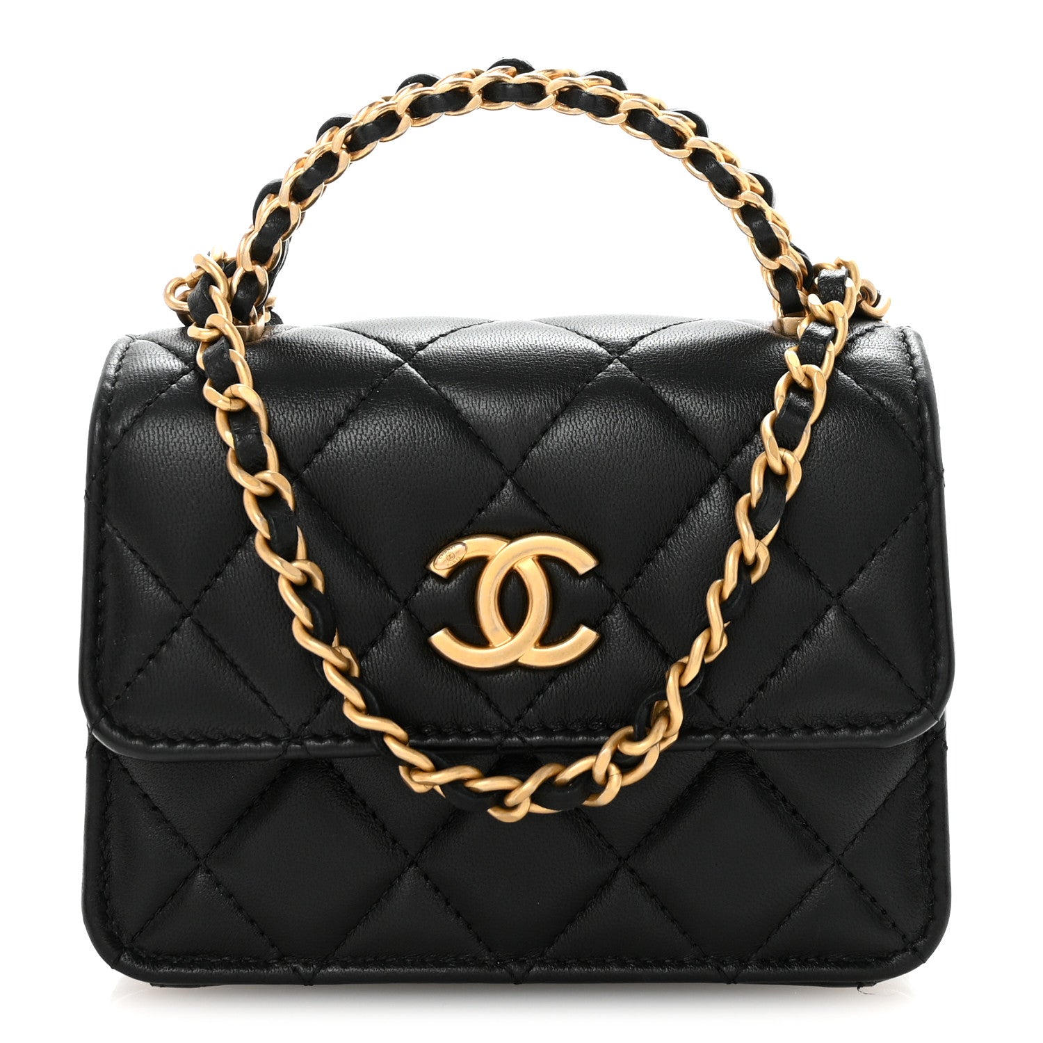 Chanel Lambskin Quilted Chain Top Handle Clutch With Chain Black