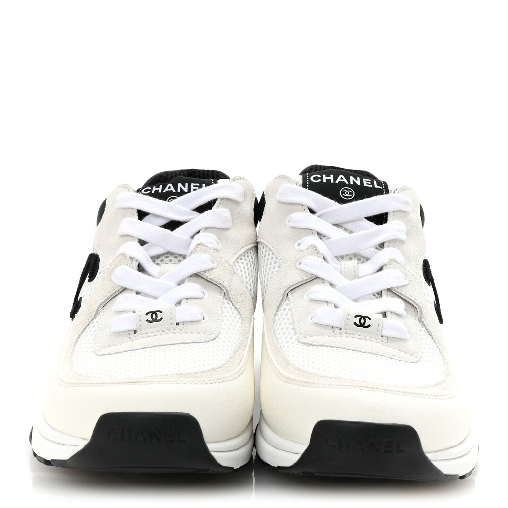 Mesh Suede Grained Calfskin Womens CC Sneakers 41 White Black