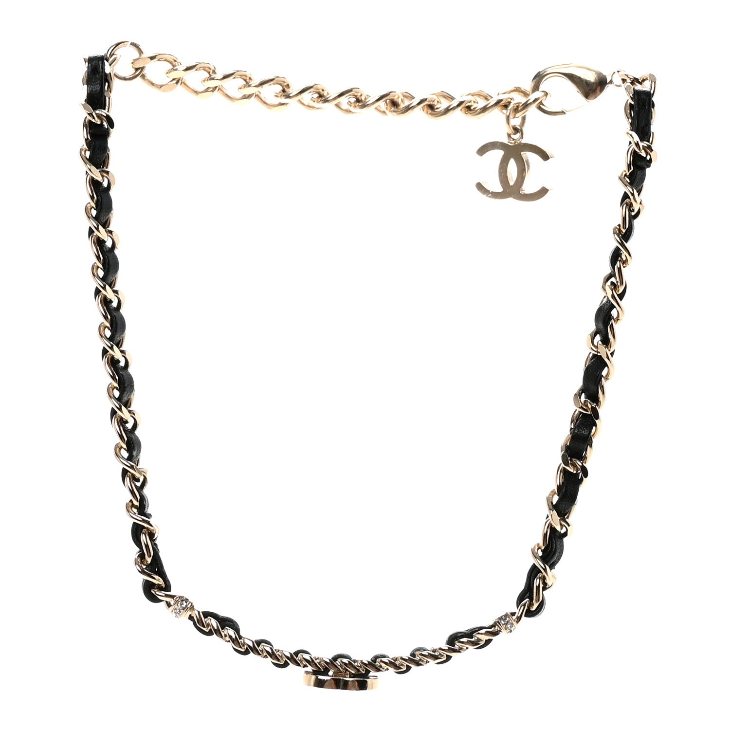 Metal Lambskin Crystal CC Choker Necklace Black Gold