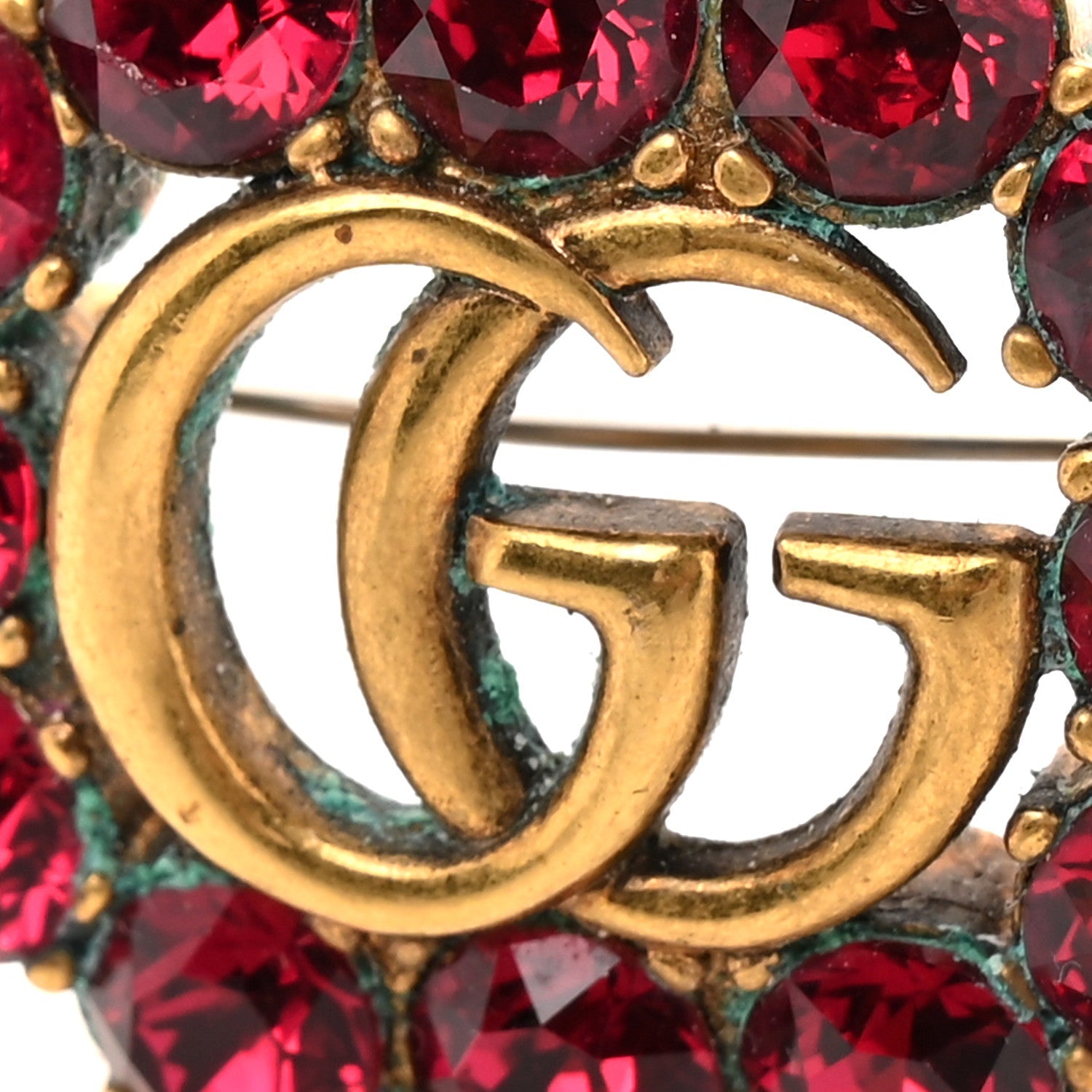 Gucci Metal Crystal Double G Brooch Aged Gold Red