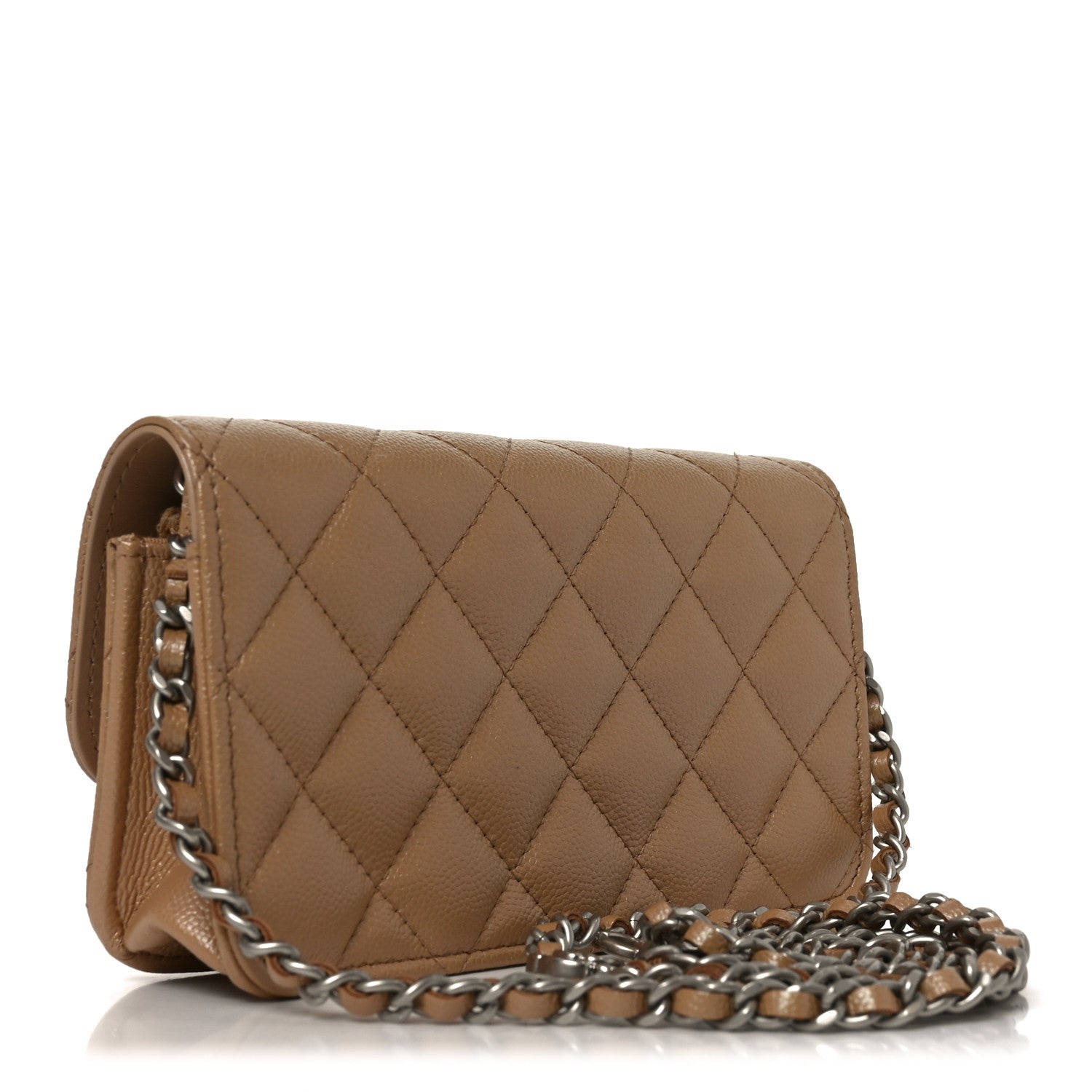 Chanel Iridescent Caviar Quilted Camellia Phone Holder With Chain Beige