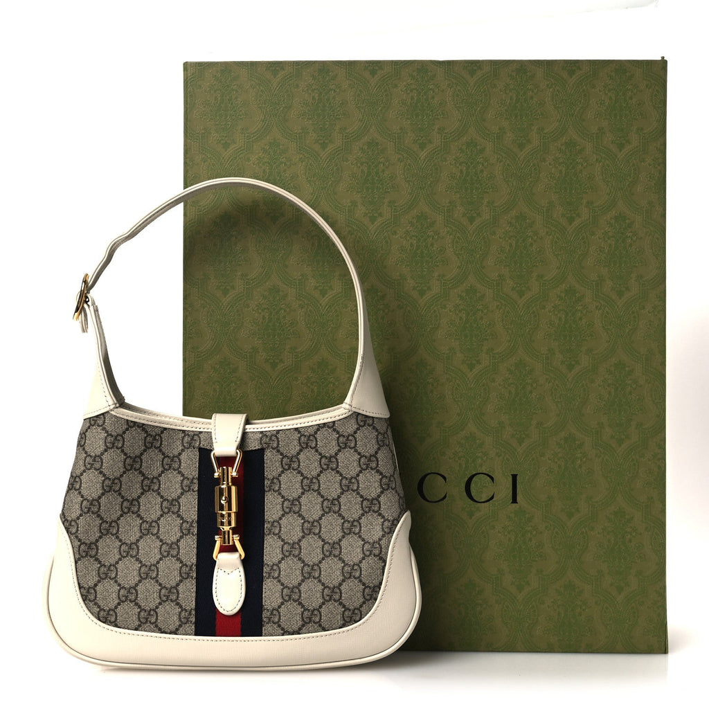 Gucci GG Supreme Monogram Azalea Calfskin Web Small Jackie 1961 Hobo Beige Ebony Mystic White