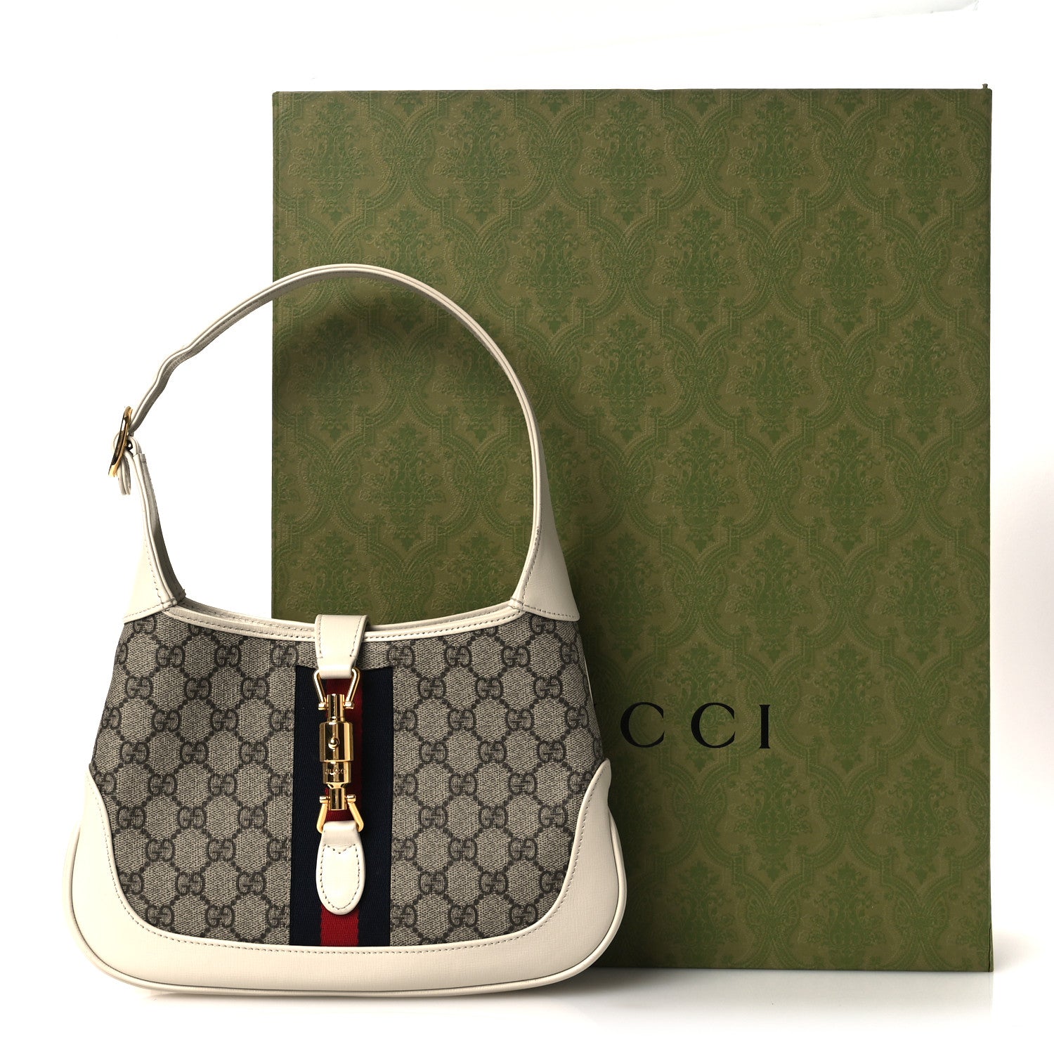 Gucci GG Supreme Monogram Azalea Calfskin Web Small Jackie 1961 Hobo Beige Ebony Mystic White