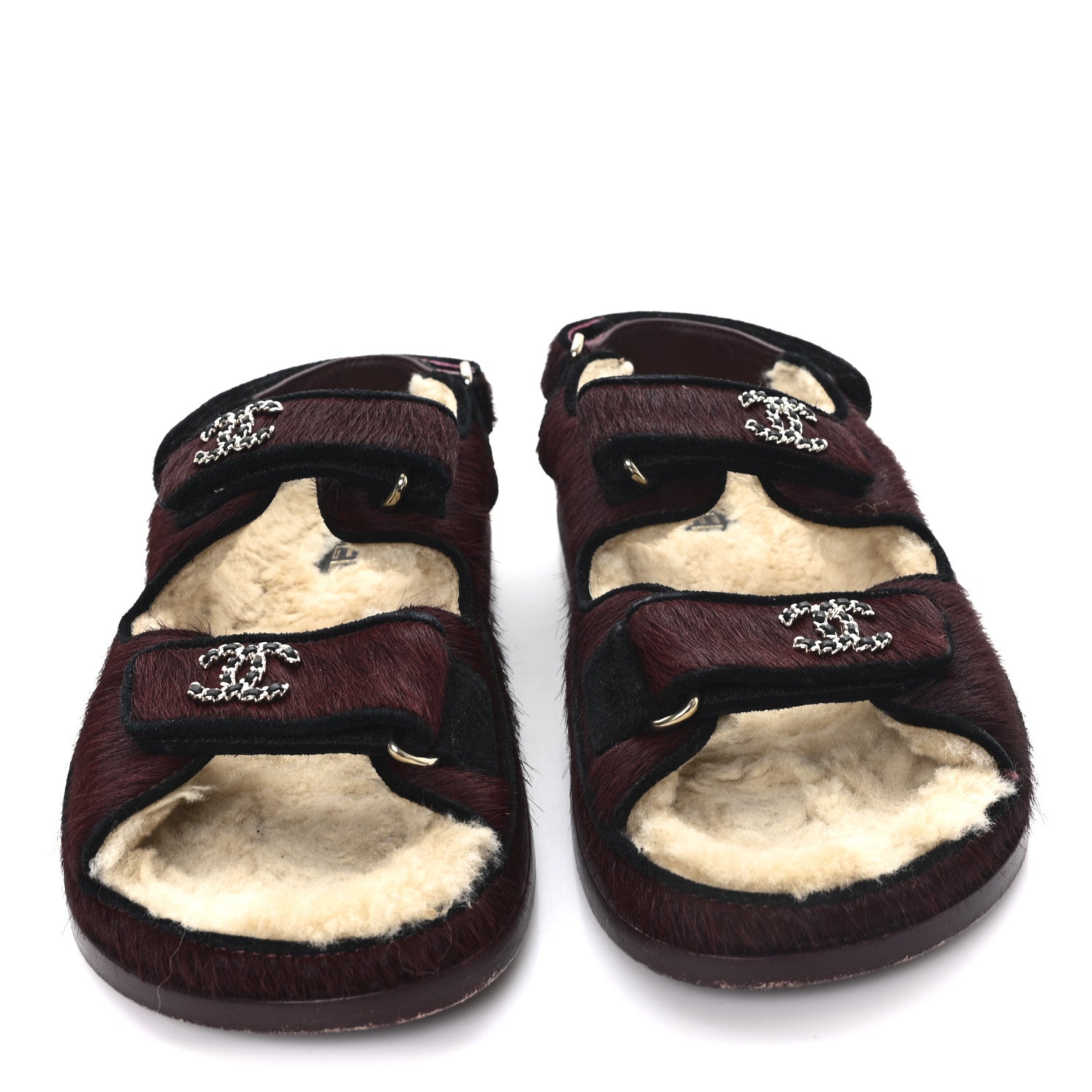 Calf Hair Suede Shearling Dad Sandals 36.5 Burgundy Black