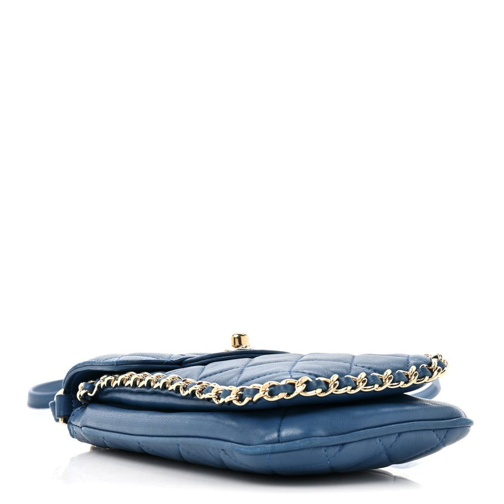 Lambskin Quilted Chain Phone Holder Blue