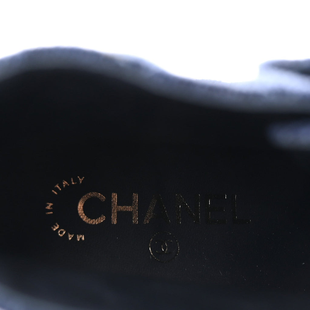 Chanel Shiny Calfskin Velvet Quilted Lace Up Combat Boots 38.5 Blue Black