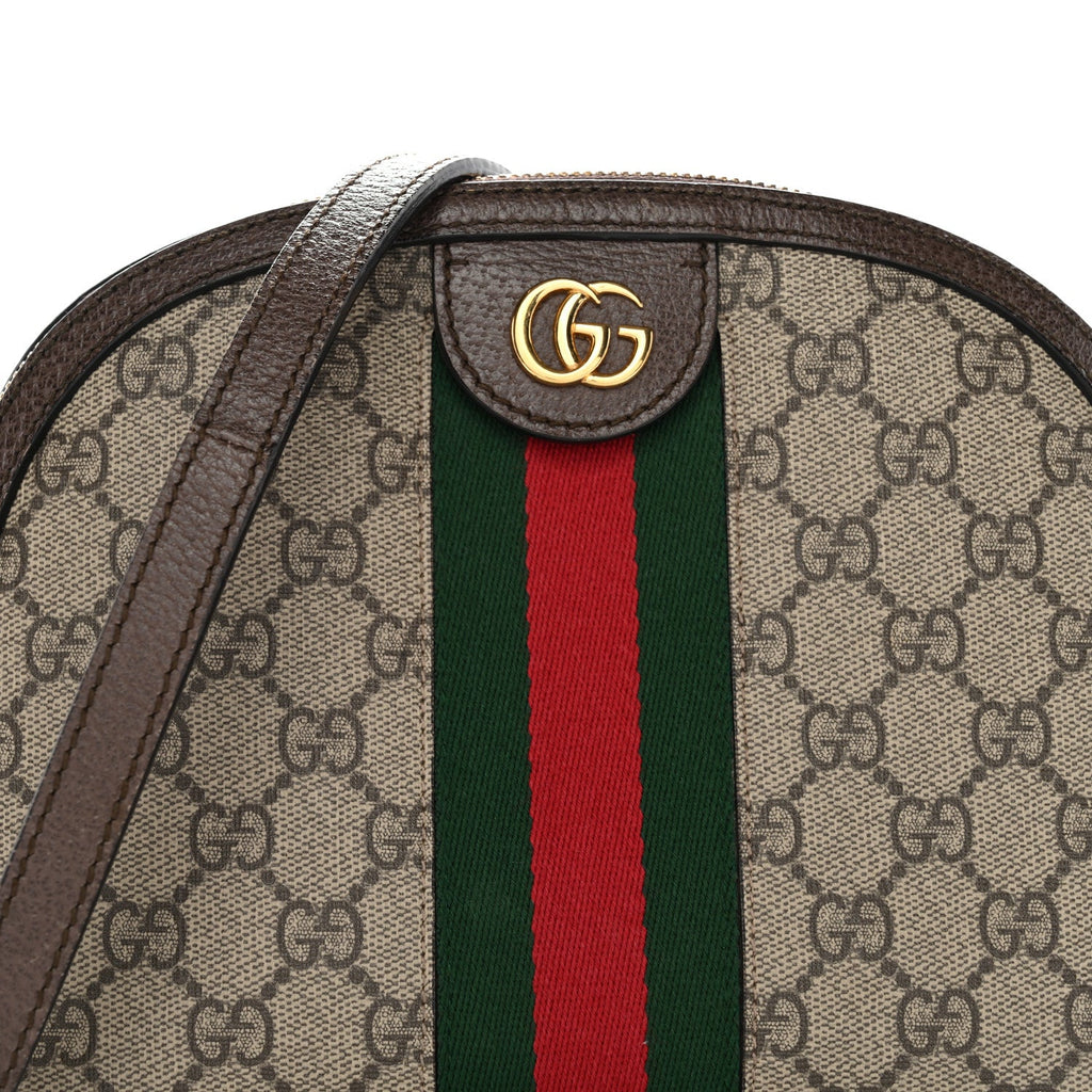 Gucci GG Supreme Monogram Textured Dollar Calfskin Web Small Ophidia Dome Shoulder Bag Beige Ebony New Acero