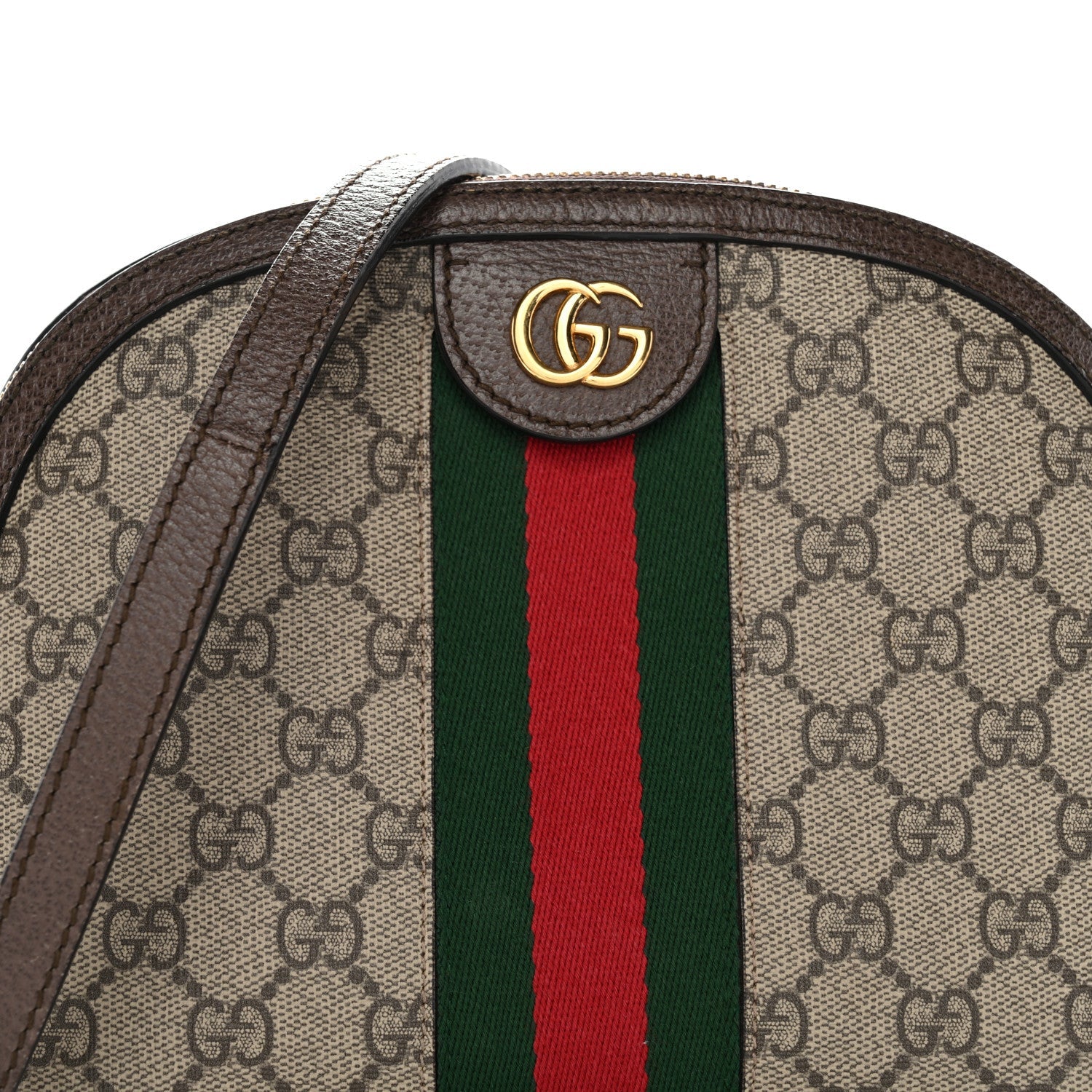 Gucci GG Supreme Monogram Textured Dollar Calfskin Web Small Ophidia Dome Shoulder Bag Beige Ebony New Acero