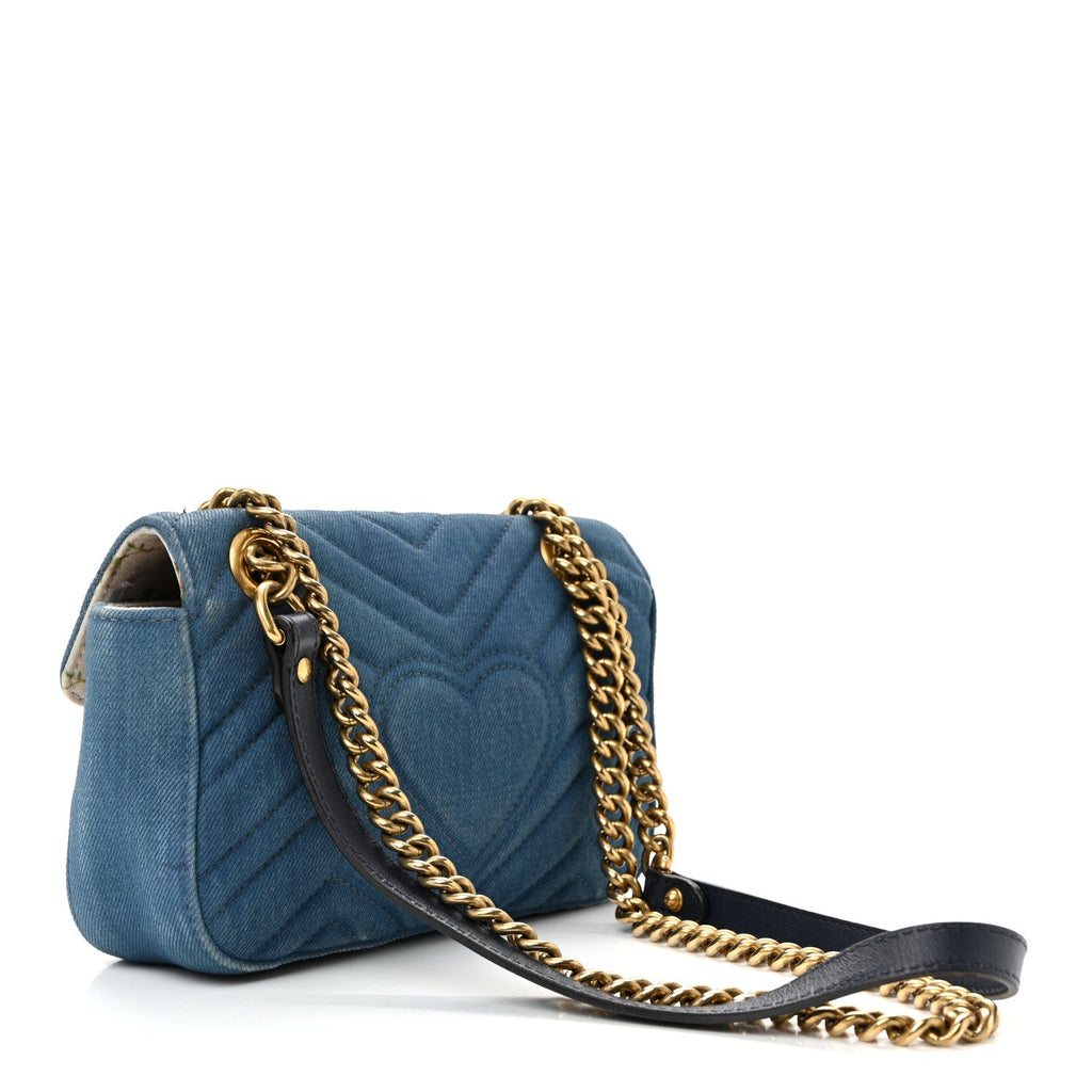 Gucci Denim Matelasse Mini Pearly GG Marmont Shoulder Bag Blue