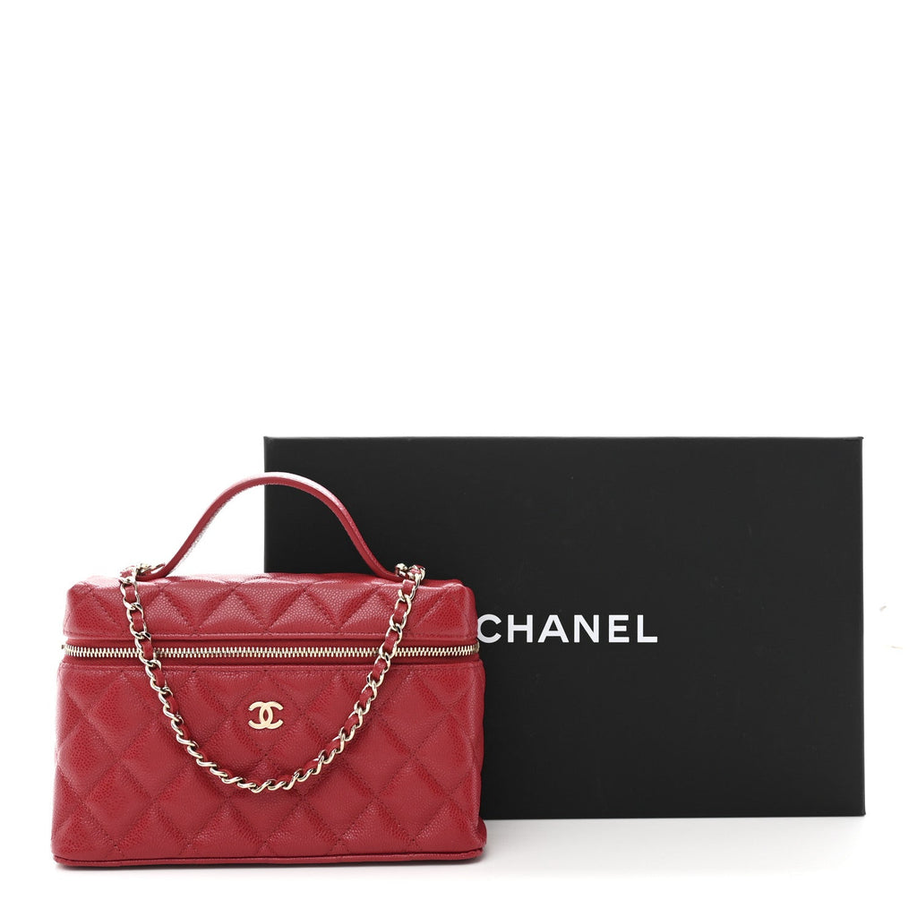 Chanel Caviar Quilted Top Handle Slim Vanity With Chain Red