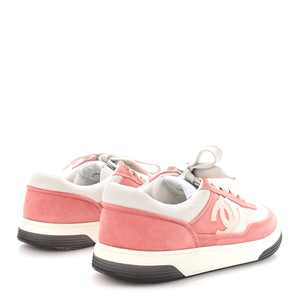Chanel Suede Kidskin Womens CC Sneakers 38.5 White Pink