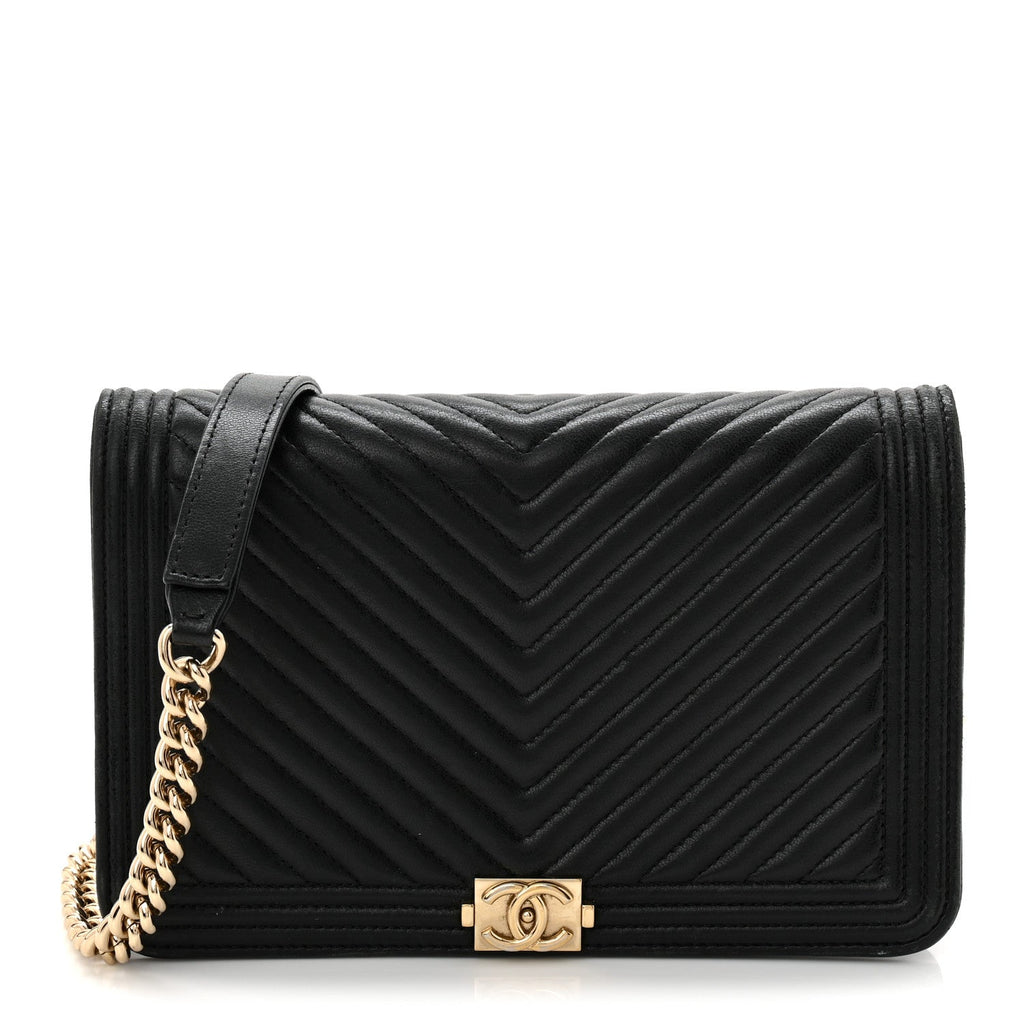 Chanel Lambskin Chevron Boy Wallet On Chain WOC Black