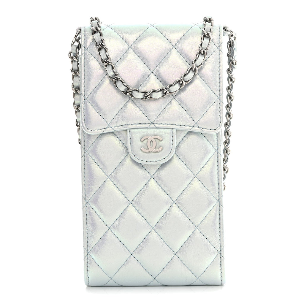 Chanel Iridescent Lambskin Quilted CC Phone Holder Blue