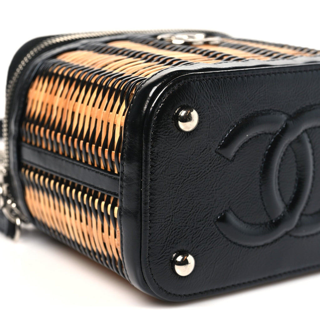 Chanel Calfskin Raffia Small Vanity Case Bag Black Beige